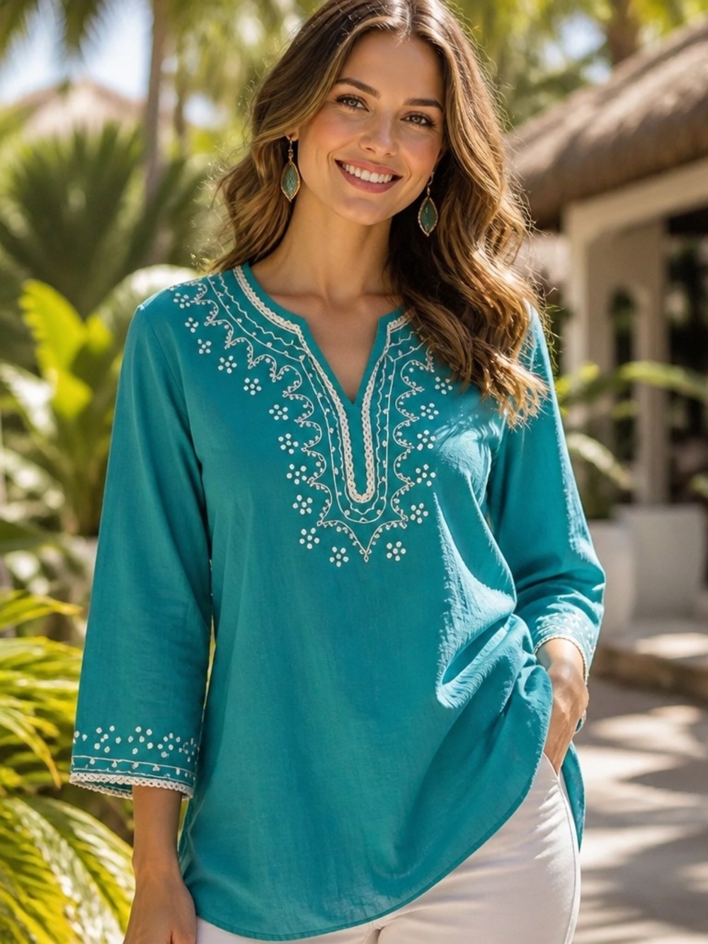 Chelsea Studio Teal Embroidered V-Neck Women's Tunic Top